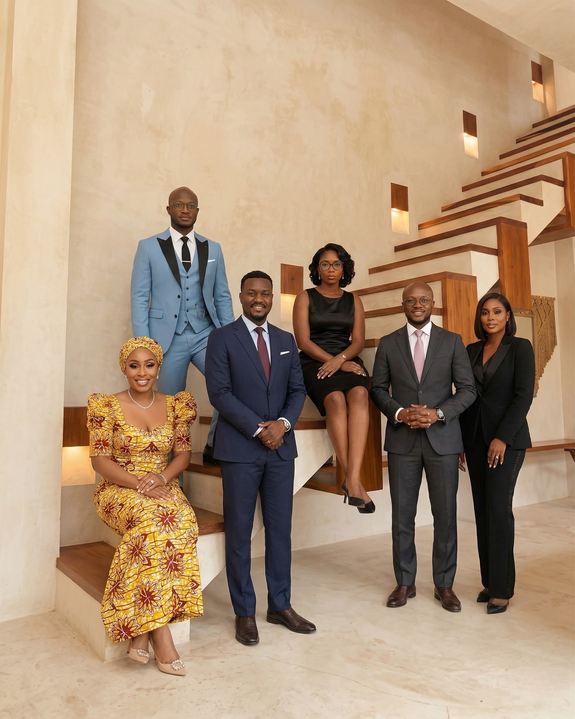 clean staircase family group photo